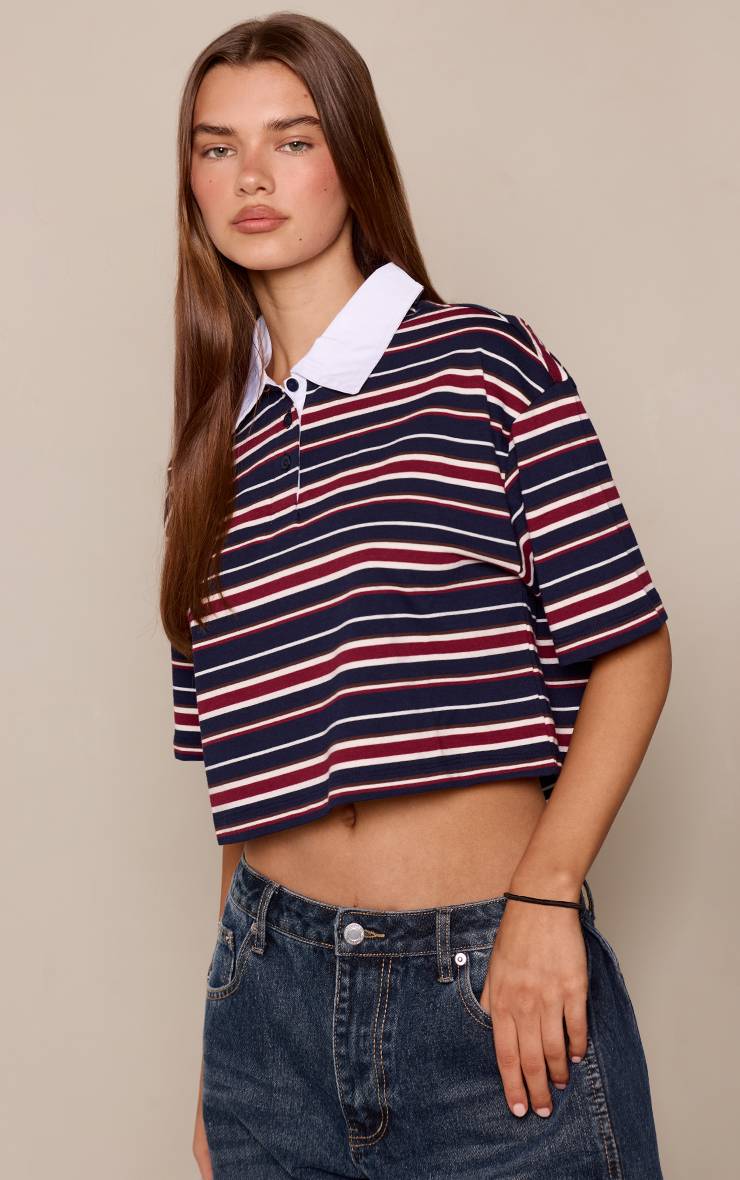 Bleu Marine T-shirt Rayé Court À Col Avec Détails Et Manches Courtes