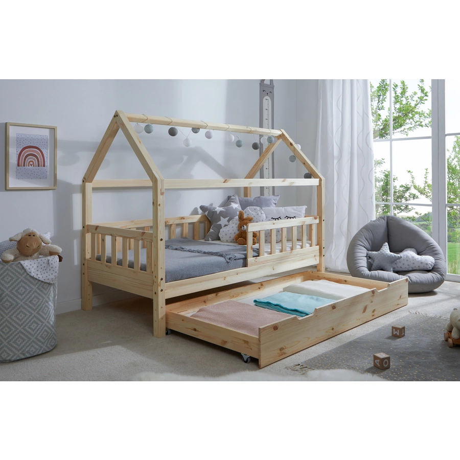 TICAA Kinderbett Hausbett Kay 80x160 inkl. Schubkästen Kiefer natur Natur