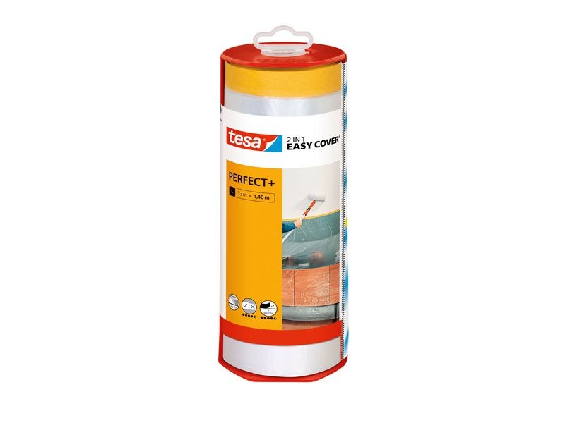 tesa Abdeckfolie Easy Cover Perfect  Refill L, 33 x 1.4 m Malerband und Spender mit Abreissklinge für alle Renovierungsarbeiten