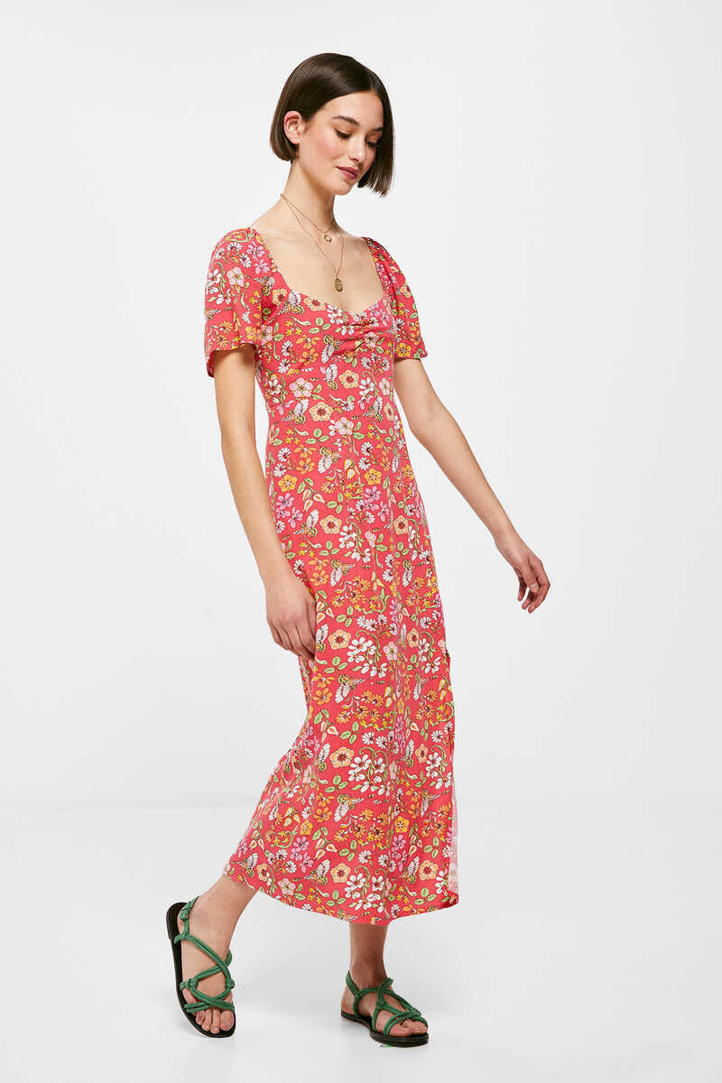 Vestido midi com decote franzido - Estampa vermelha