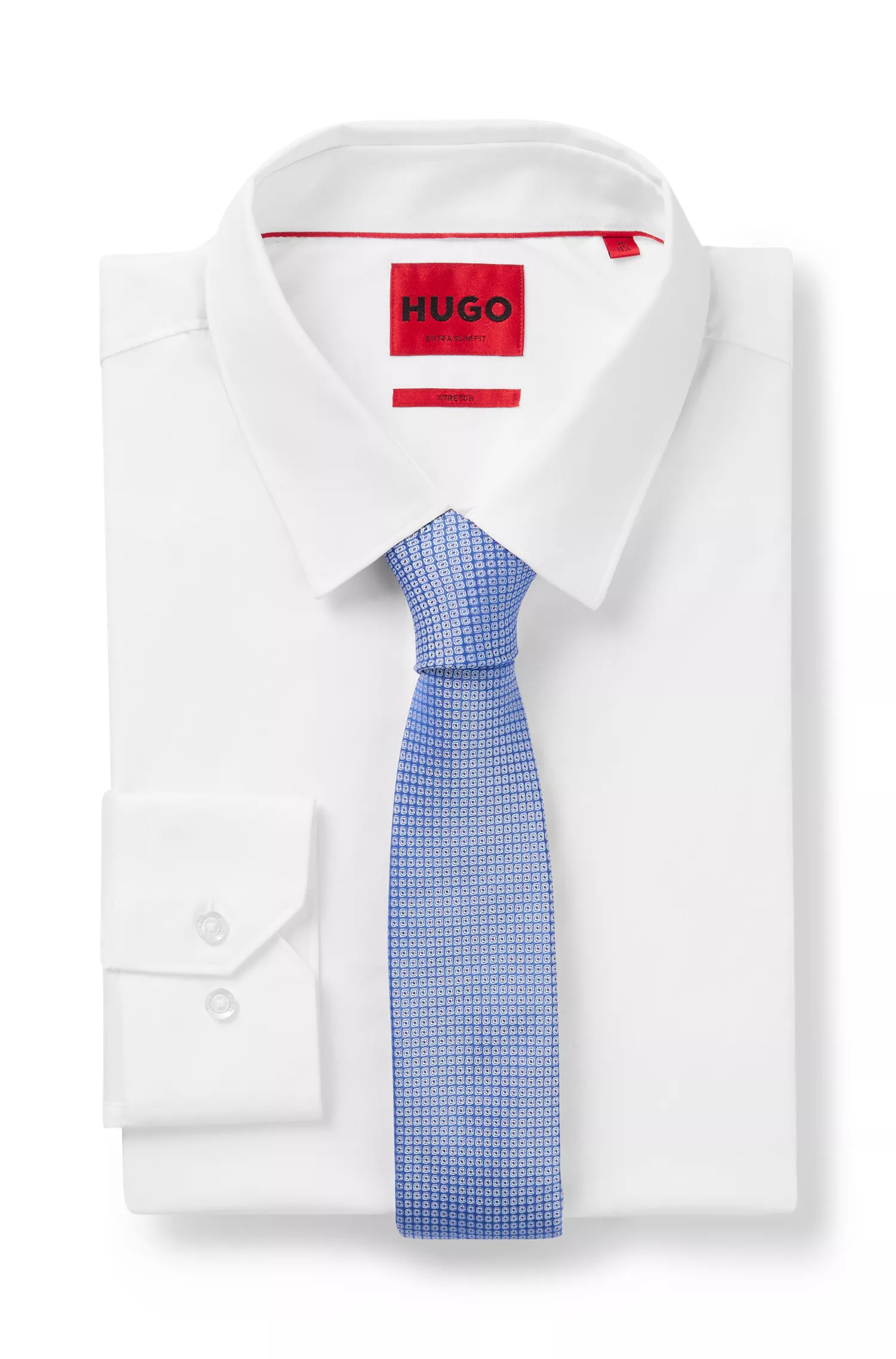 Gravata HUGO em jacquard de seda vermelha com estampa de bolinhas quadradas.