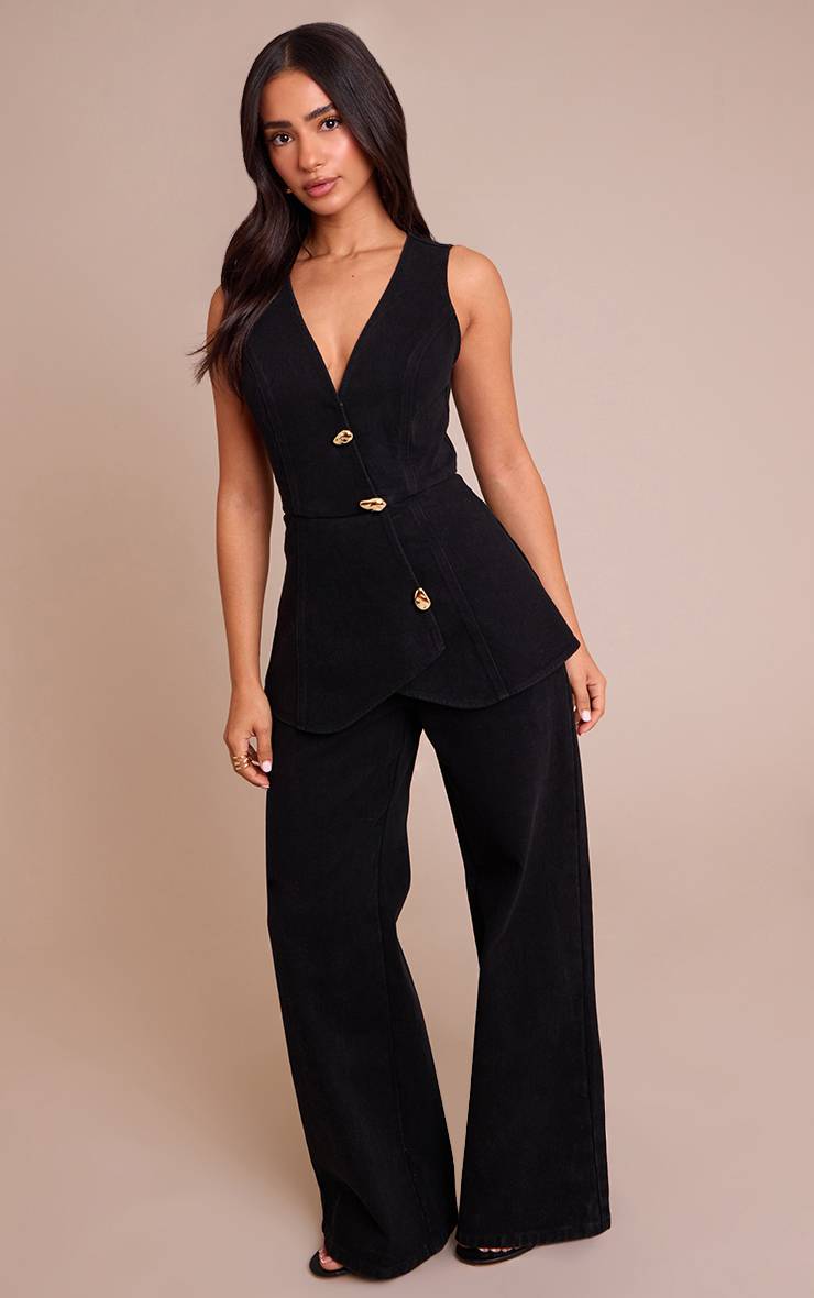 Noir Combinaison-pantalon En Denim Avec Gilet Ajusté Et Détails De Finition Petite
