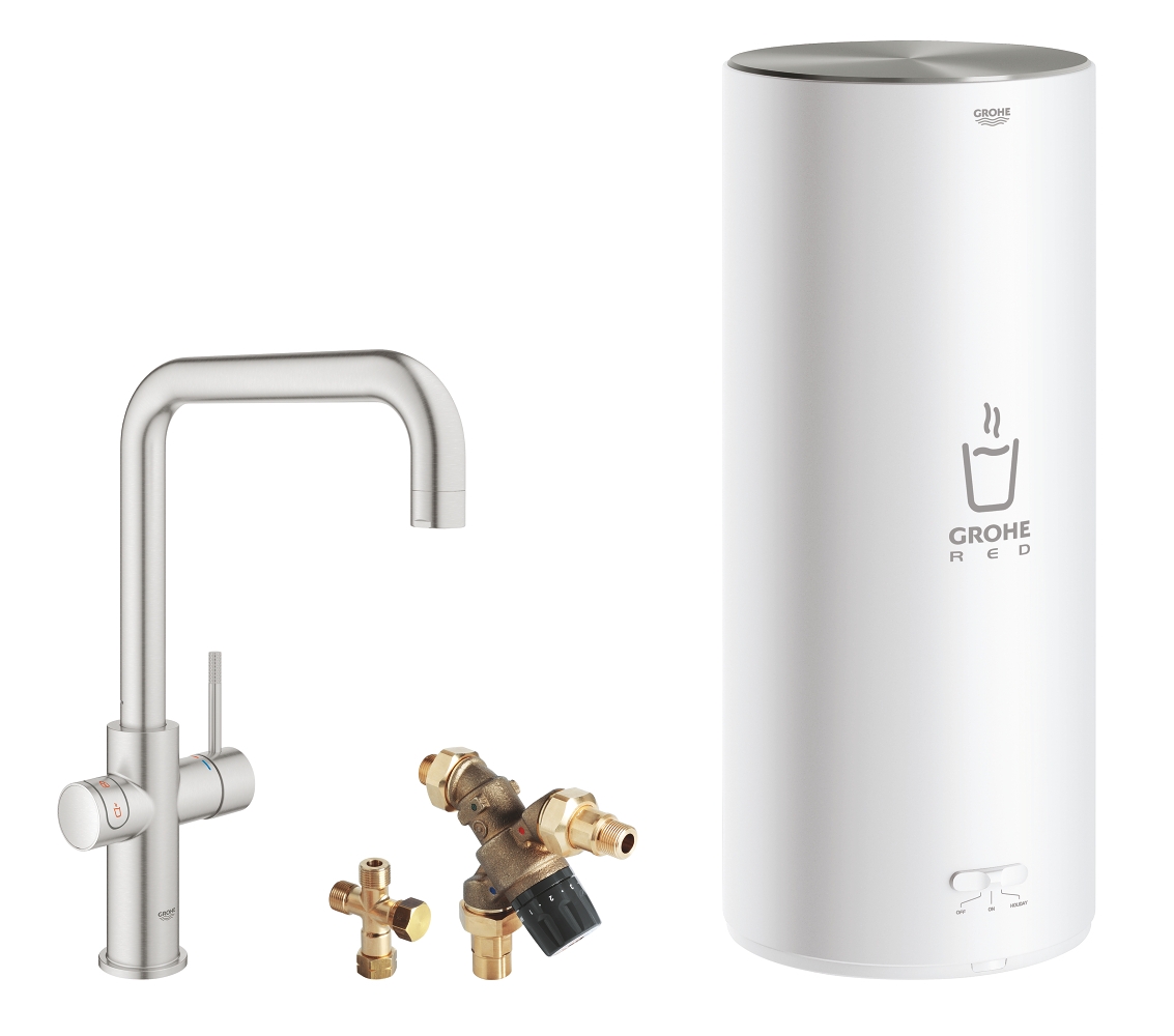 Grohe Red New Duo kokend water kraan met U uitloop en L formaat boiler RVS