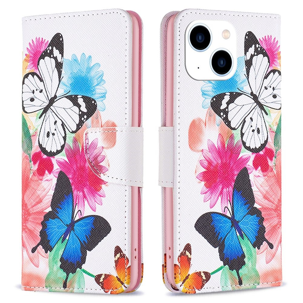 iPhone 14 Leder Tasche mit Kartenfächern - Blumen & Schmetterlinge