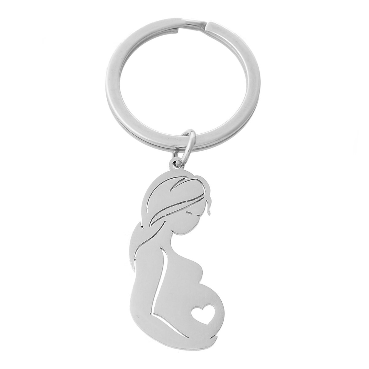 Porte-clés femme enceinte coeur argenté