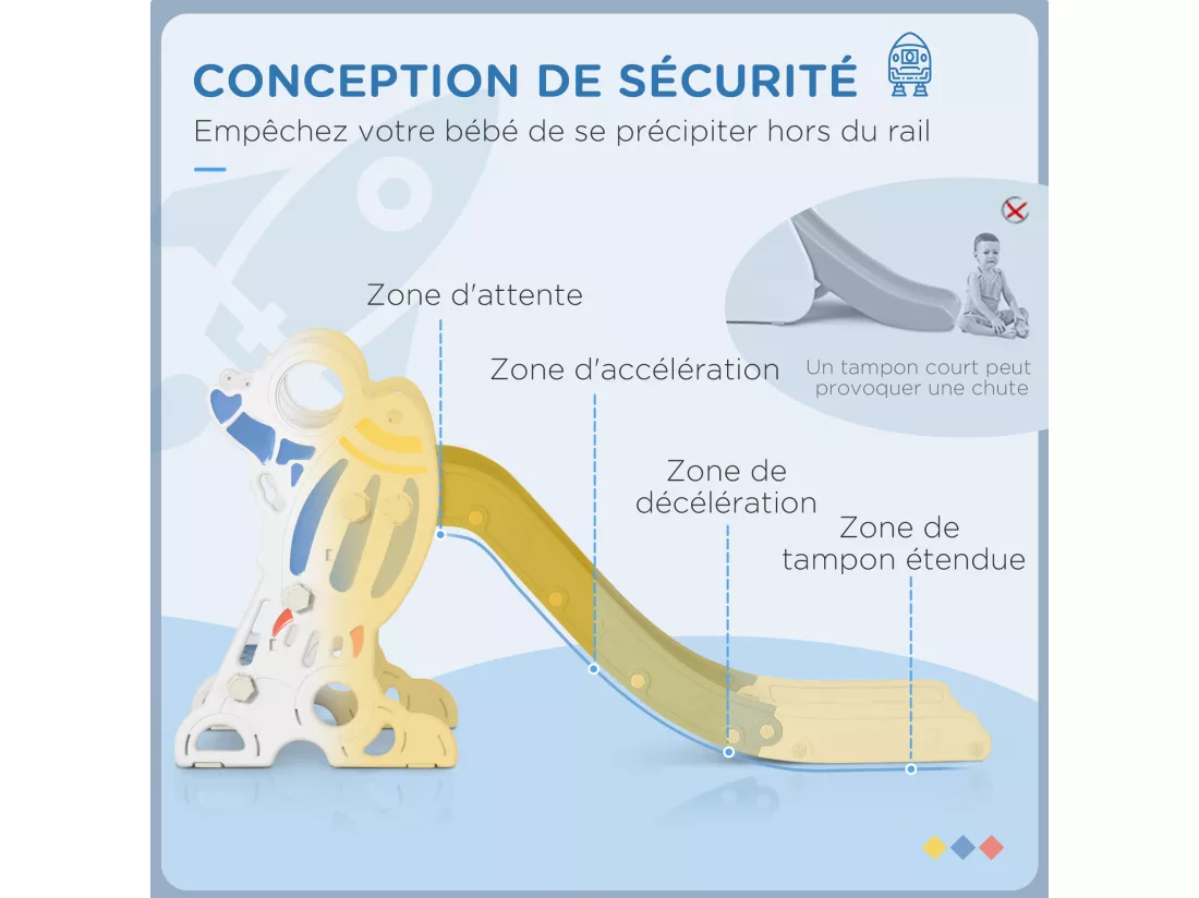 Toboggan enfant 18-36 mois design fusée - usage intérieur - dim. 157L x 46,5l x 80H cm - PE bleu blanc