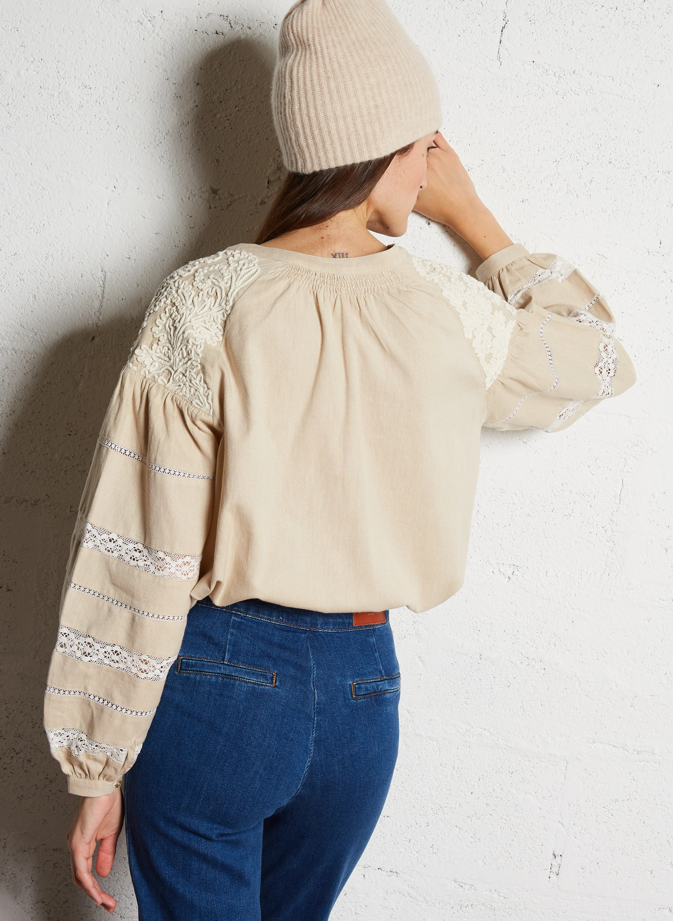 DEOTILLE - Blouse ample col tunisien en coton | Beige