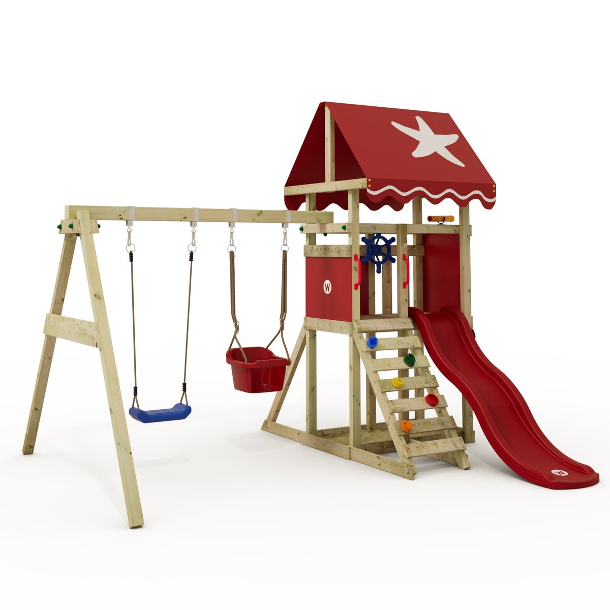 WICKEY DinkyStar Speeltoren Klimrek met Schommel en Glijbaan, Klimtoren met Zandbak, Ladder en Speelaccessoires – Rood