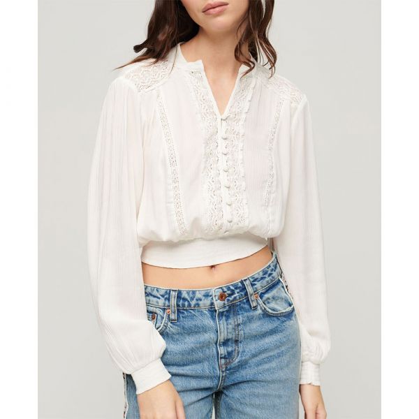 Superdry Lace Trim Smocked Long Sleeve Blouse Beige XL Mulher