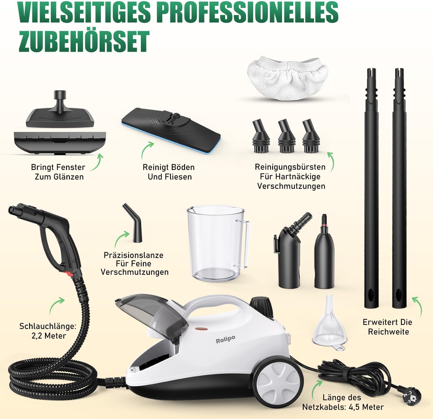 Dampfreiniger, Dampfdruck: 4 Bar, Leistung: 2000 W, Tank: Max 2 L, Nutzungsdauer: 40 Minuten, mit Bodenreinigungsset, Düsen und Rundbürste von Böden, Sofas, Polstermöbel und Autos
