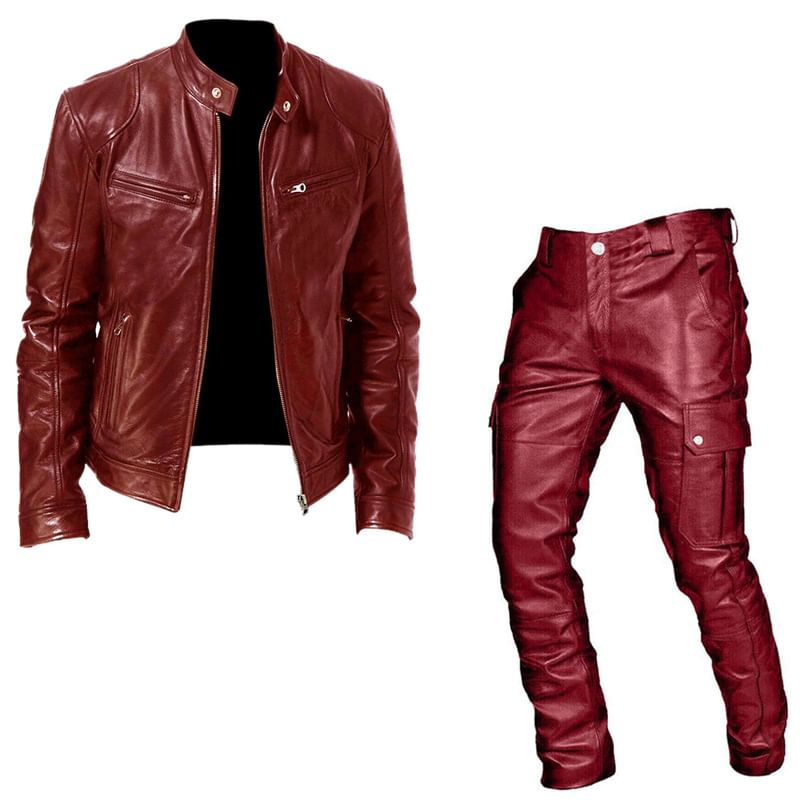 Sheck - Set: Opstaande kraag, effen imitatieleren bikerjack met rits + rechte cargobroek met middelhoge taille