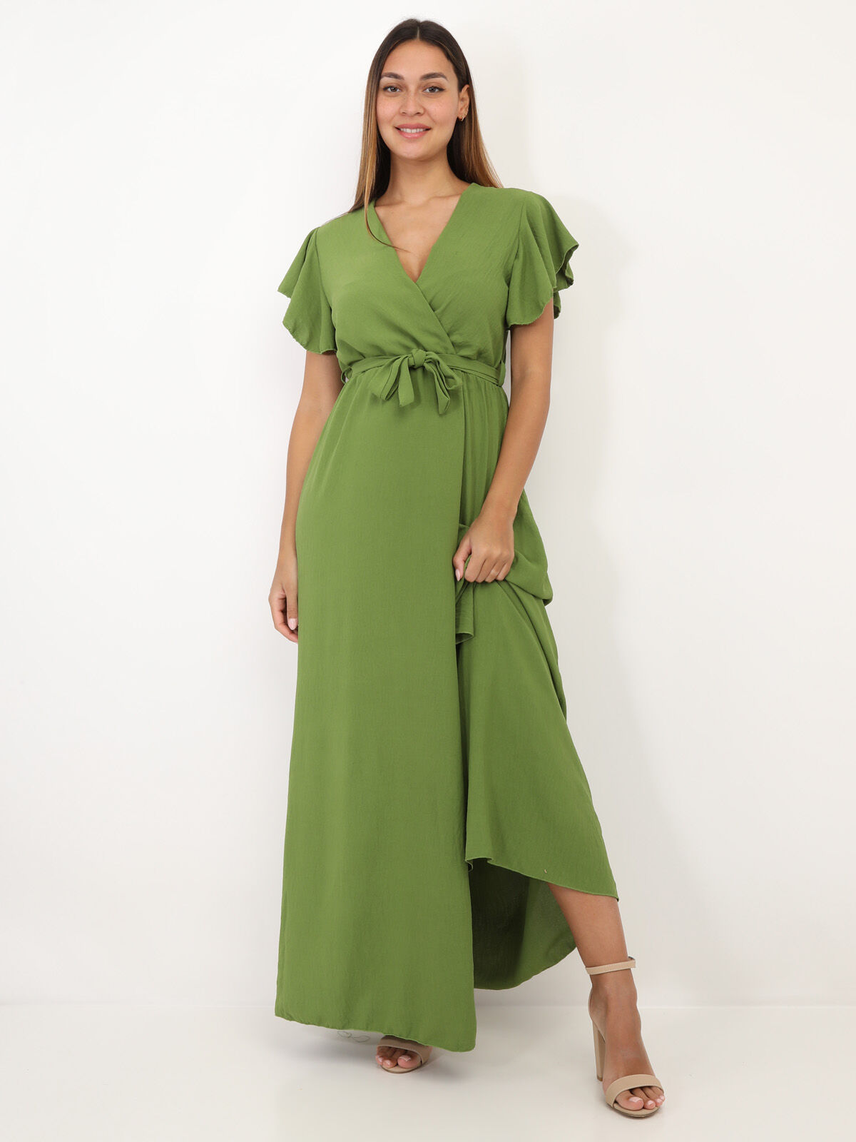 Robe longue fendue à col cache coeur- Vert olive