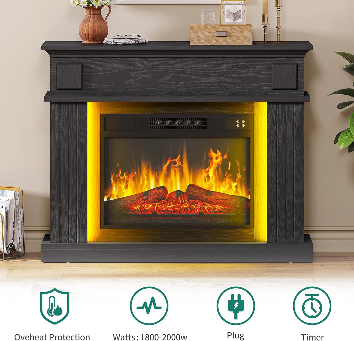 YITAHOME Elektrokamin, 23inch Realistischer 3D Flammeneffekt Erwärmungsfreistehender Elektrischer Kamin mit Timer und 24-Farb-LED-Lichtband und Fernbedienung