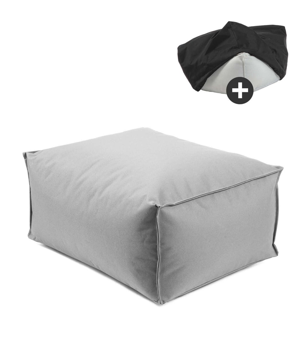 Buitenpoef of kruk 65x45cm in grijs met zwarte beschermhoes 'The Calm One', vierkante zitkruk, voetenbank of zitkussen met EPS-korrelvulling en hoes, waterafstotend alleen met beschermhoes
