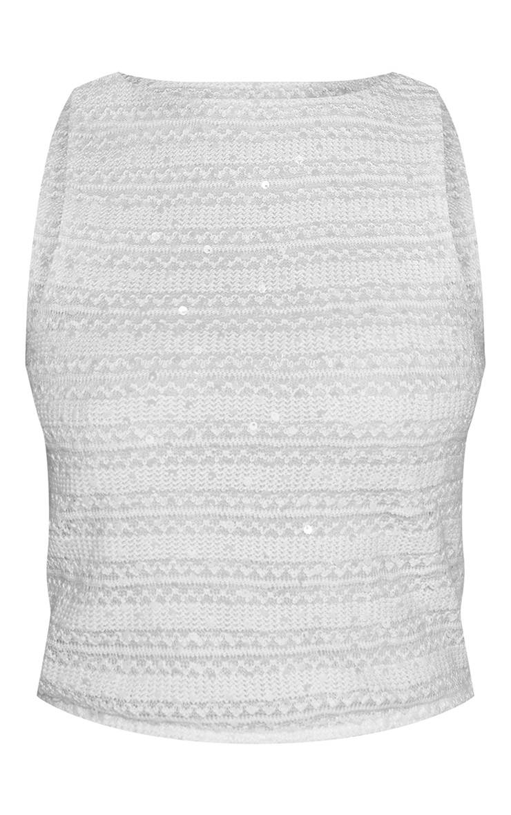 Blanc Haut Court Sans Manches À Sequins Texturés Petite Taille Ensemble Coordonné
