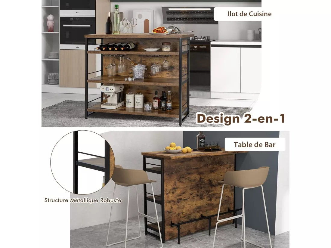 Ilot Central Industriel, Table de Bar à 4 Niveaux avec 3 Étagères Ouvertes, Casier à Vin et Supports pour Verres à Pied, Repose-Pieds （Marron Rustique)
