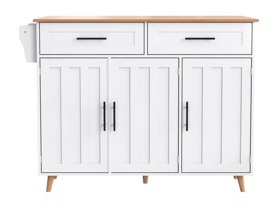 Ilot central de cuisine mobile - Plateau extensible - 2 tiroirs + portes d'armoire de rangement - Blanc