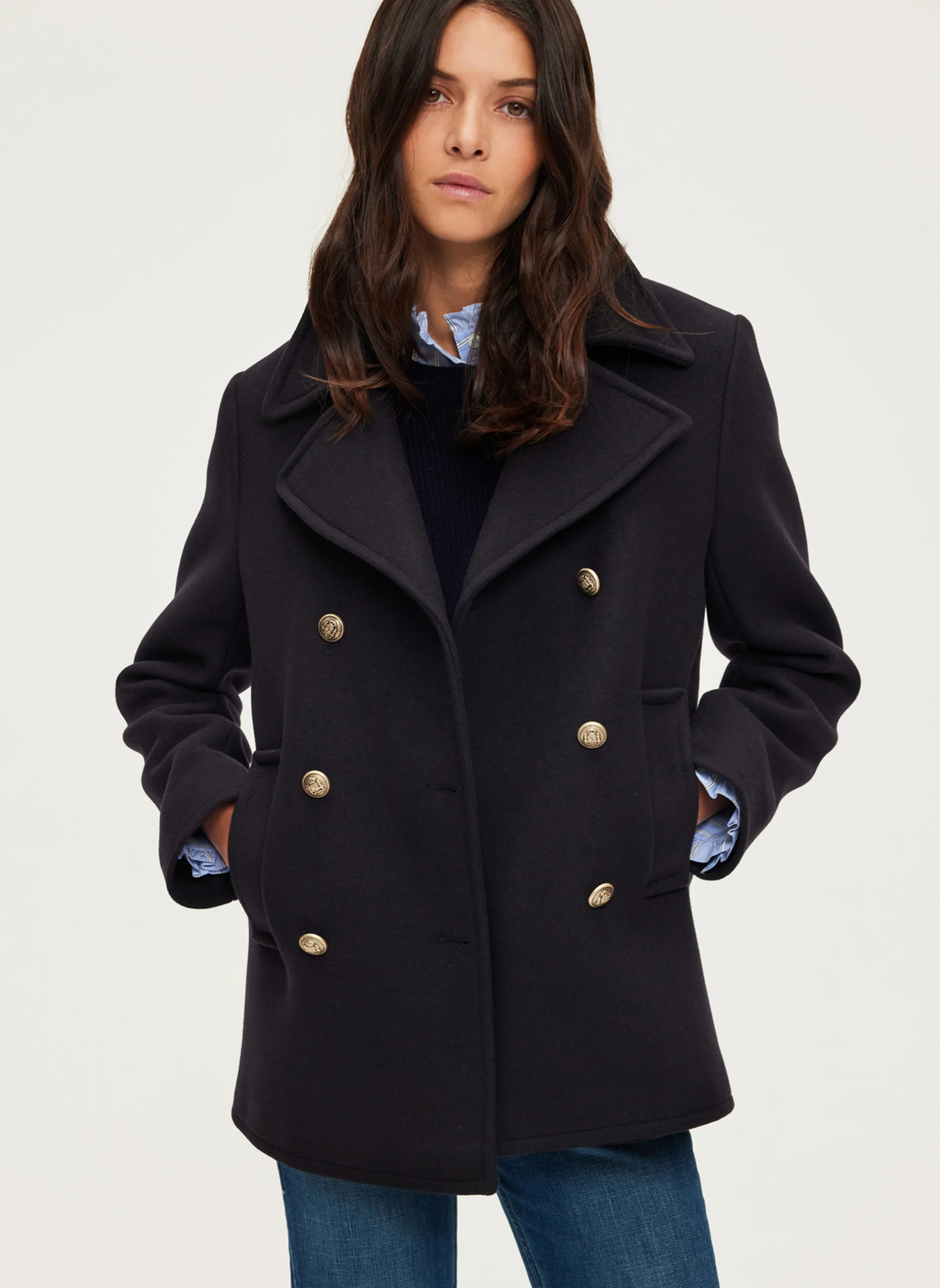 LILAS - Manteau col tailleur en laine mélangée | Bleu