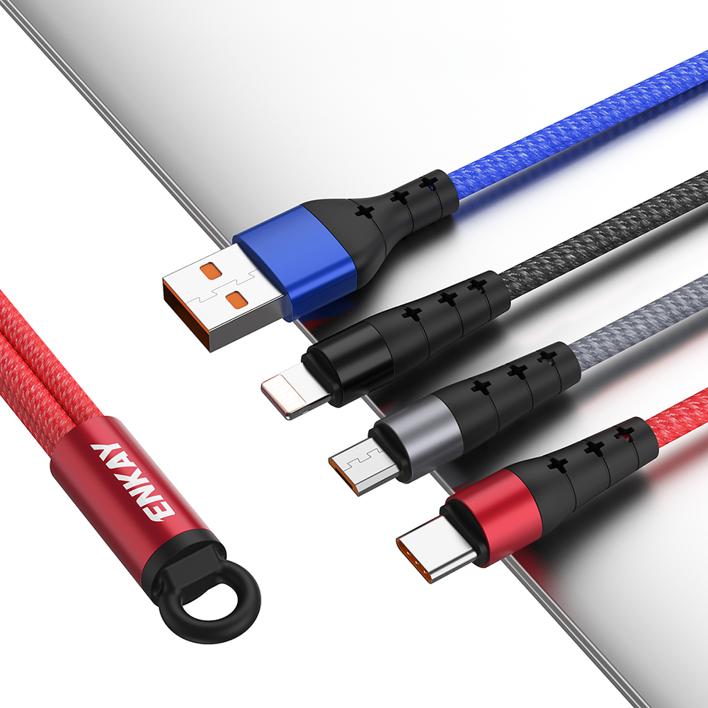 (14cm) 15W 3in1 USB A auf USB C / Lightning / Micro USB Ladekabel Nylon Datenkabel - Schwarz
