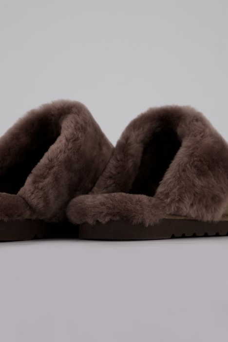 Leder-Hausschuhe, Veloursleder, Fellbesatz, Komfortweite