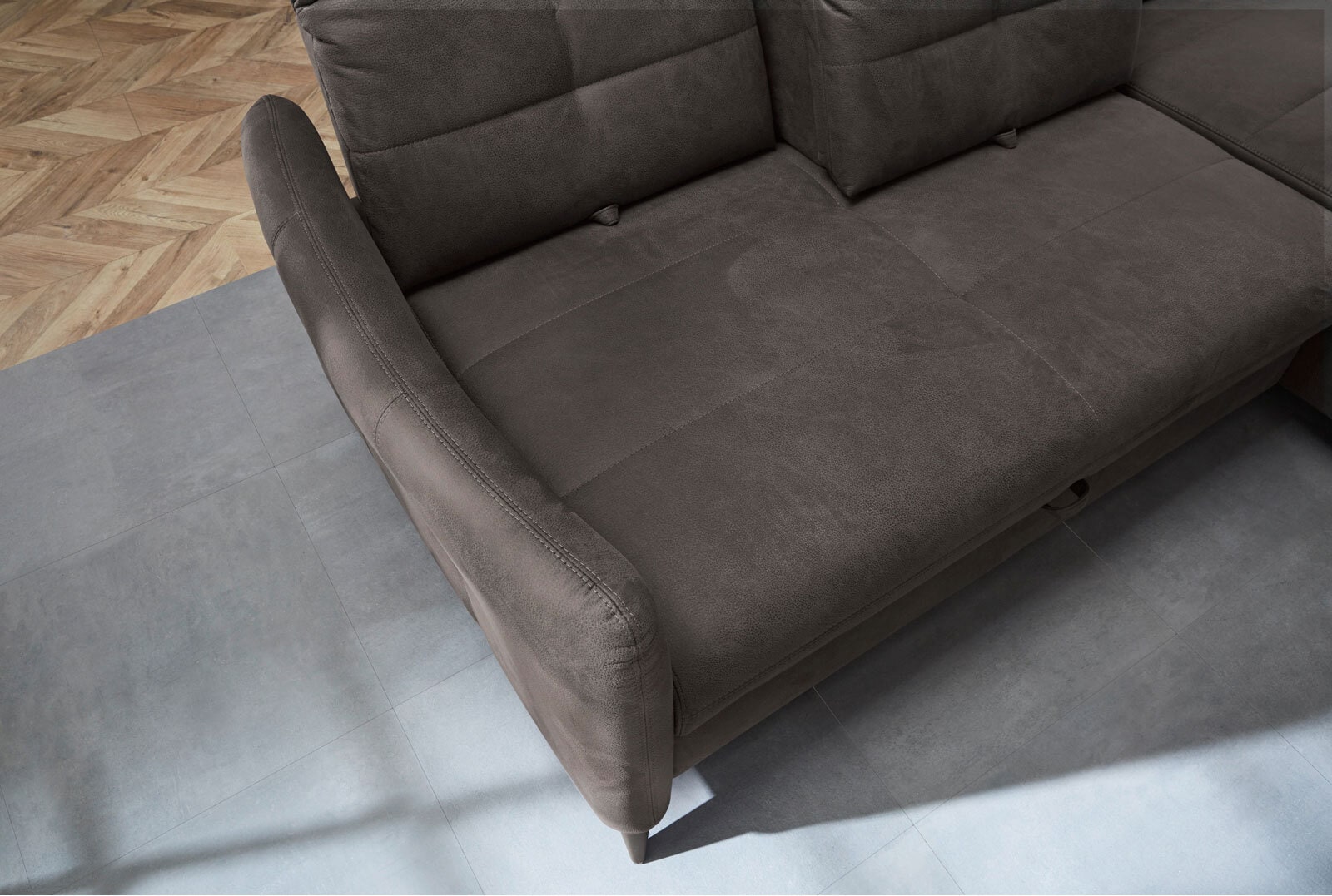 Ecksofa Loft, Stoff Dunkelbraun, Sitztiefenverstellung