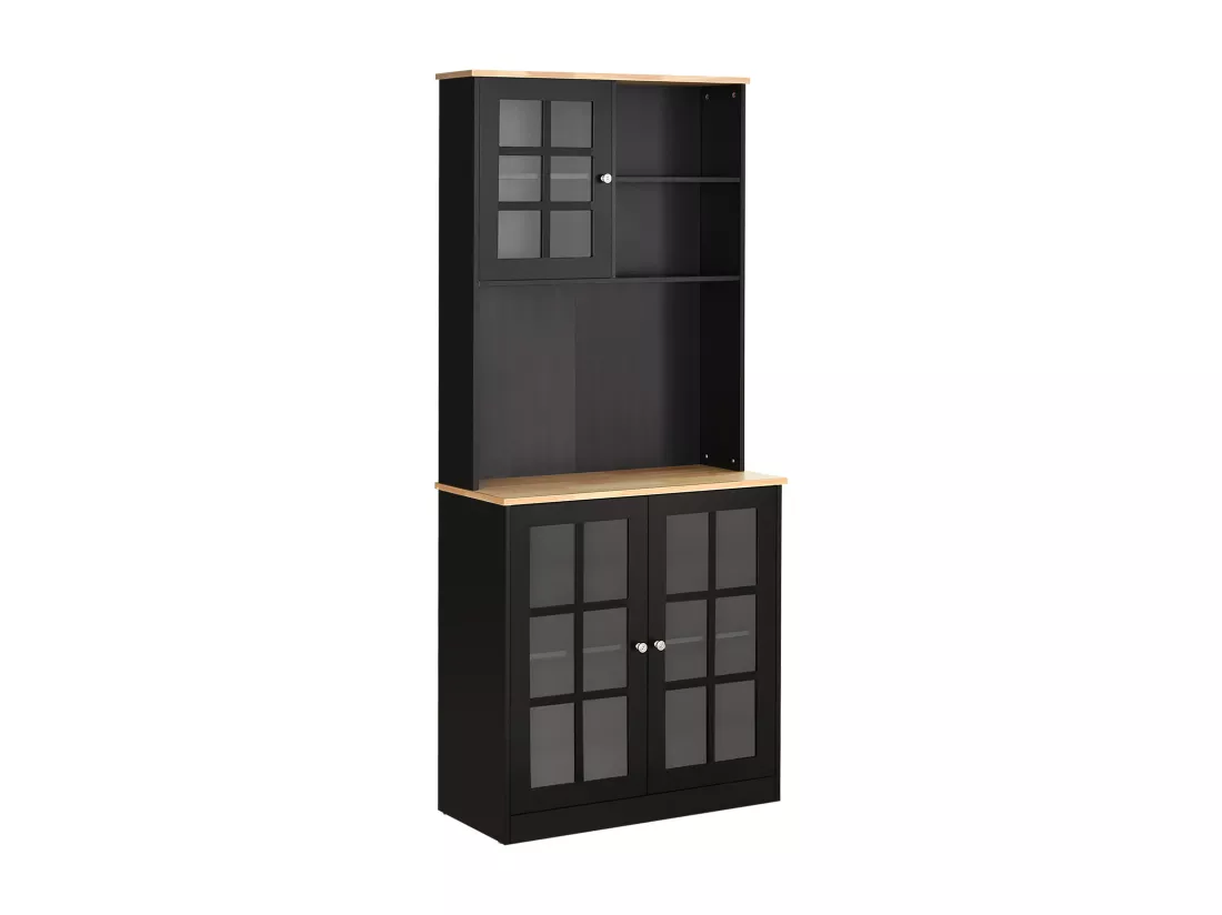Armoire de cuisine multi-rangements 3 portes vitrine verre avec étagère 2 niches grand plateau MDF noir chêne