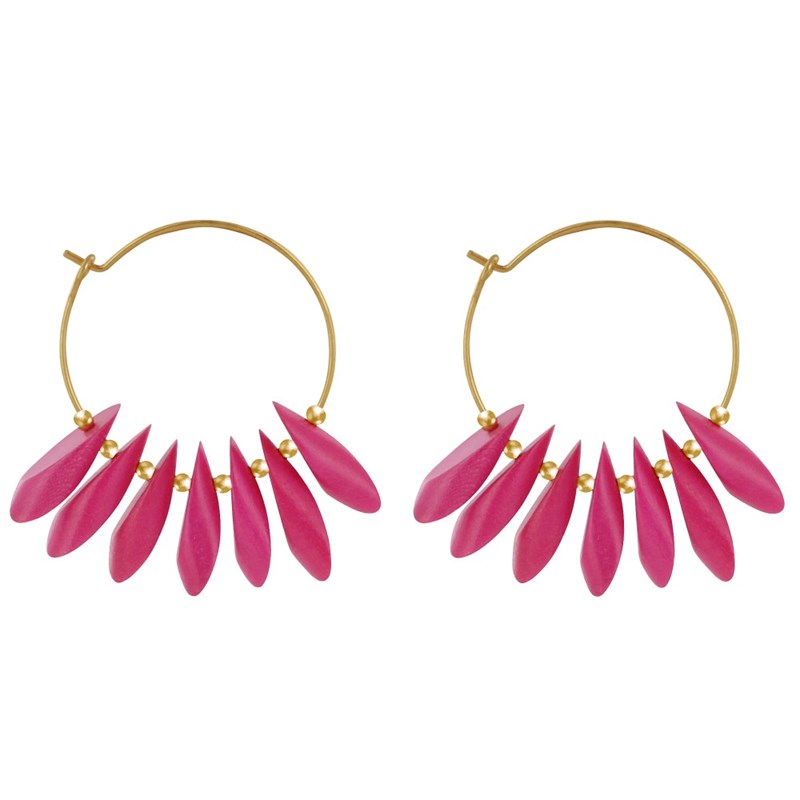 Boucles d'Oreilles Créoles en Acier Pétales en Bois