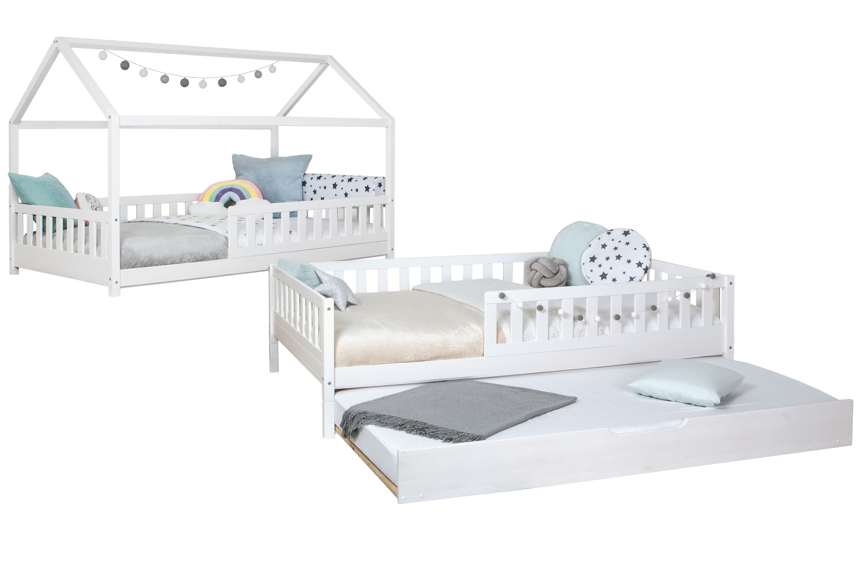 TiCAA 2 in 1 Hausbett Bodenbett wandelbar mit abnehmbaren Dach Duo 90x200, 100x200 cm, 120x200 cm, 140x200 Weiß für Jungen & Mädchen mit Zusatzbett, Rausfallschutz & Rolllattenrost – aus Kiefer Massivholz