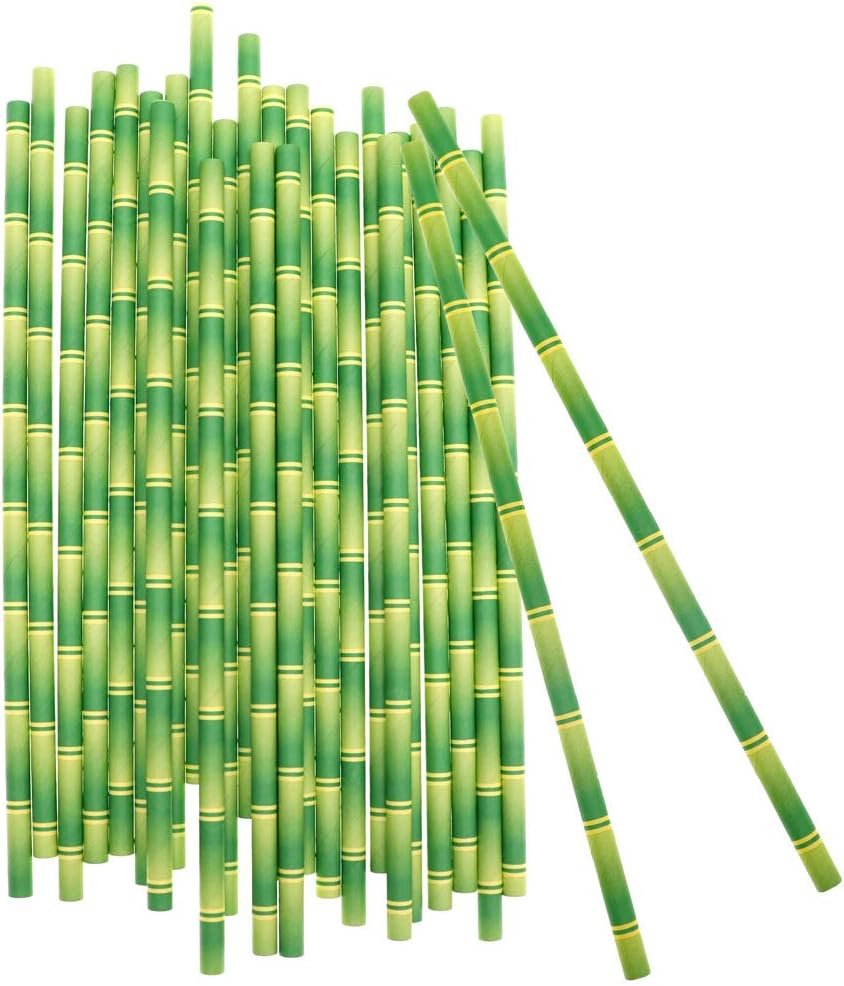 (100er Set) 20cm Sommer Papier Strohhalm Einweg Trinkhalm in Bambus Optik - Braun / Grün