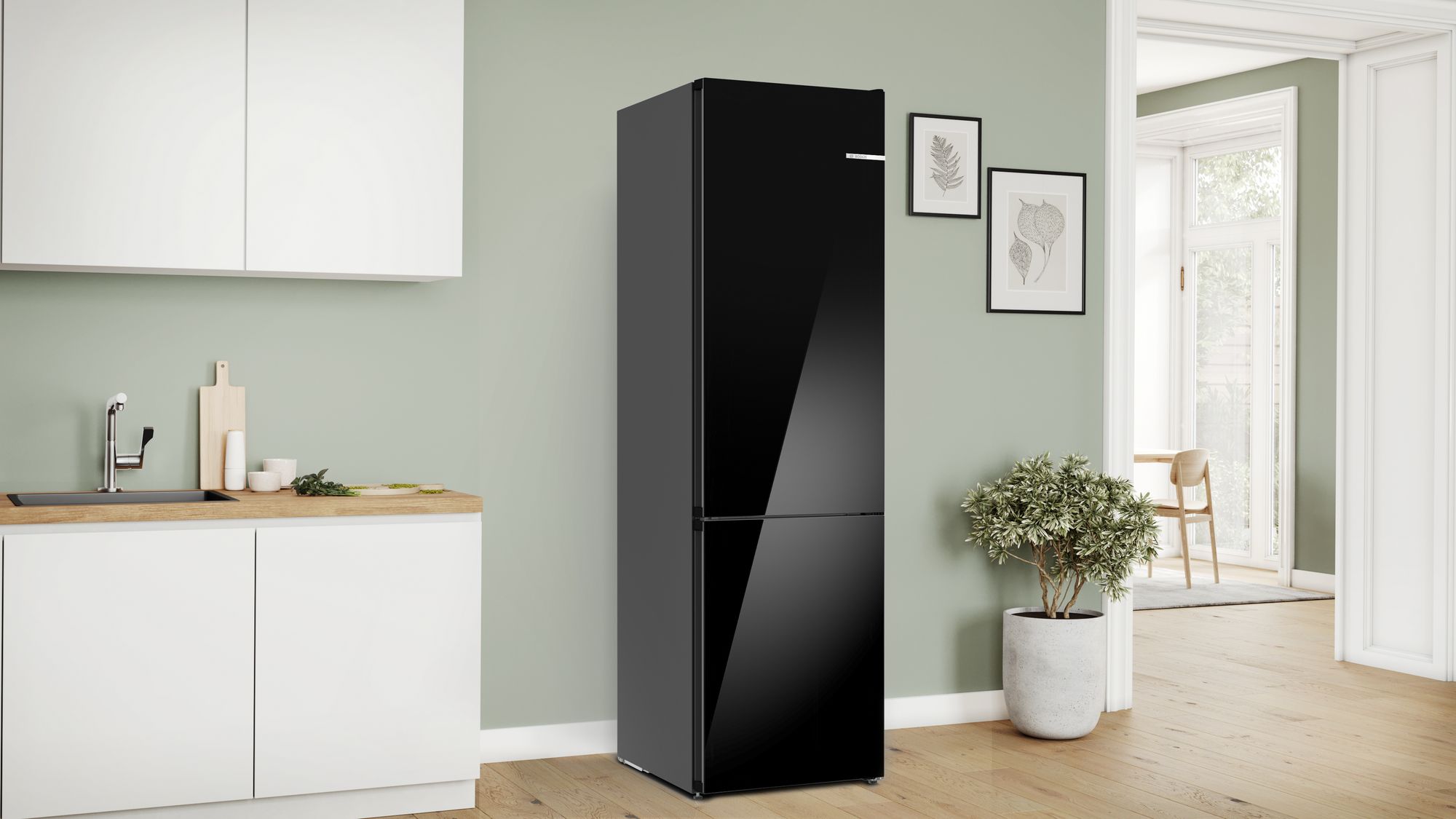 # PRODUTO RECONDICIONADO # Refrigerador Combinado Independente Série 6, Acabamento em Vidro 203 x 60 cm Preto KGN39LBCF-B
