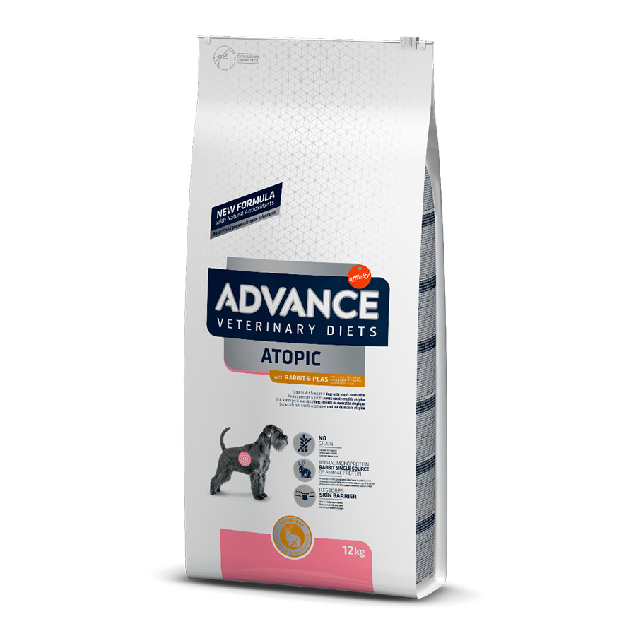 kg de ração Advance Veterinary Diets Atopic para cães, sabor coelho e ervilha.