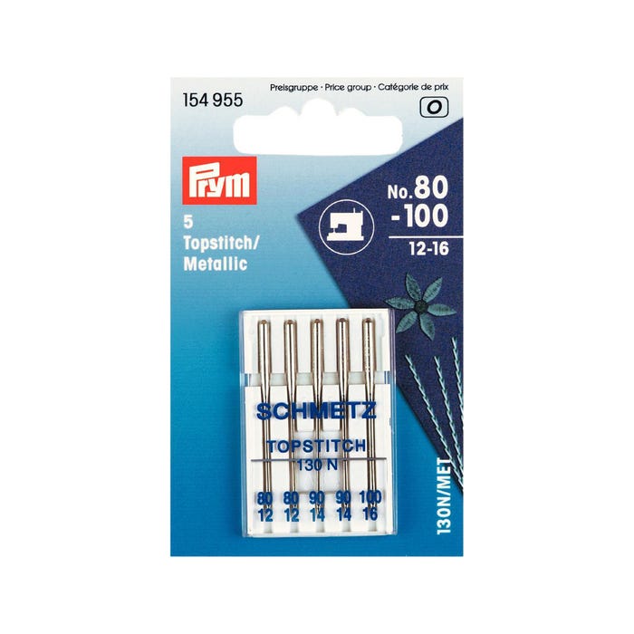 Prym-Set van 5 naaimachinenaalden met vlakke kolf - Topstich/Metallic