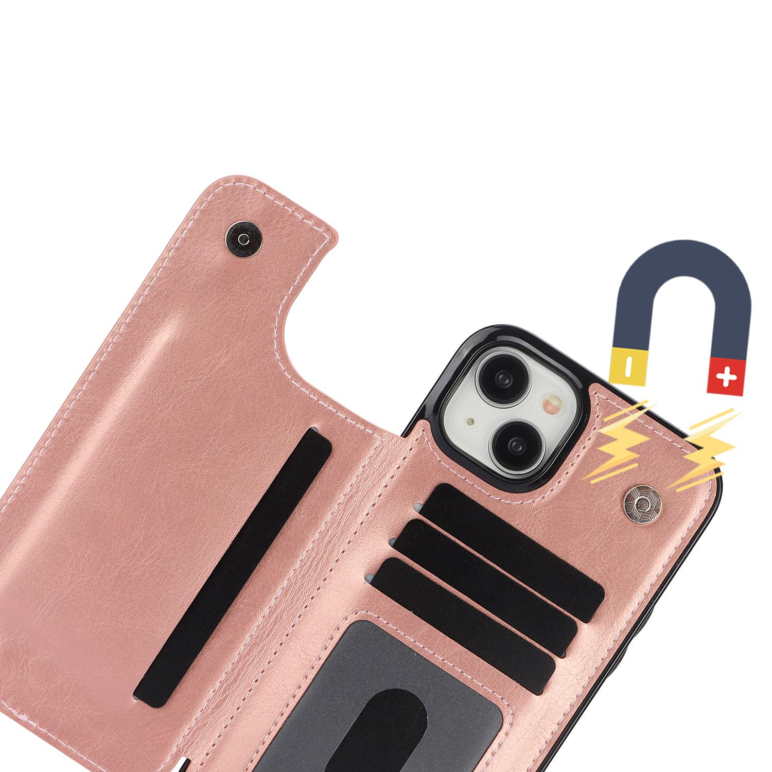 iPhone 15 Hybrid Leder Hülle mit Kartenfach   Kickstand Aufsteller - Roségold