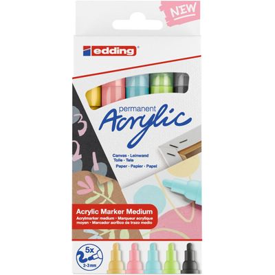 Edding 5100 - Pack de 5 marqueurs acryliques - jaune pastel, vert pastel, bleu pastel, anthracite, mauve