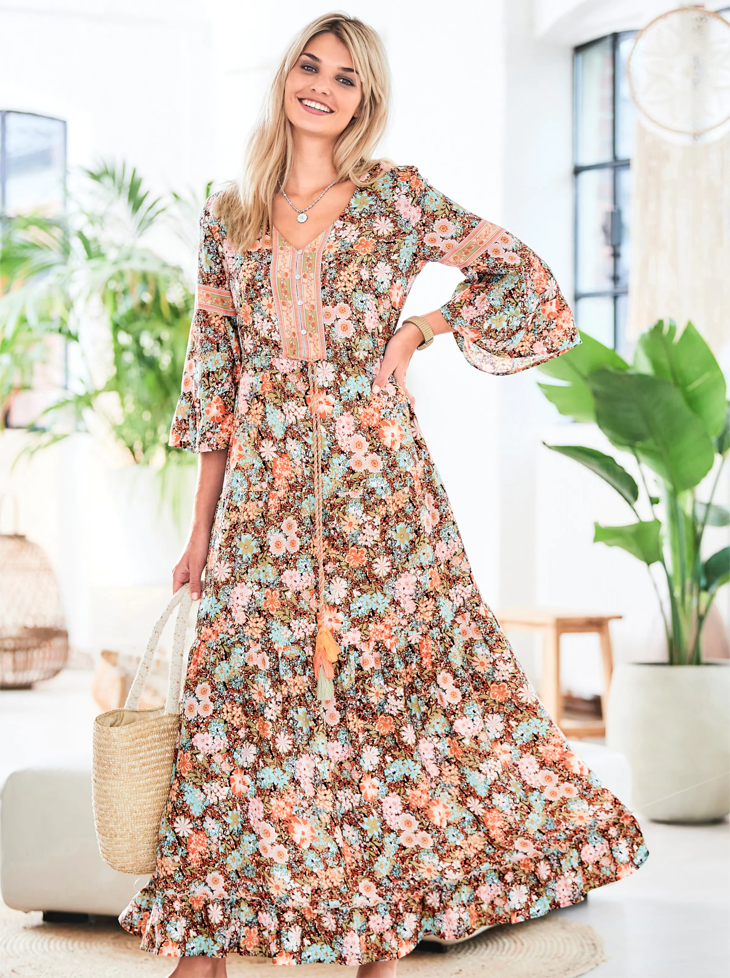 heine Druck-Kleid in schwarz-mandarine-bedruckt
