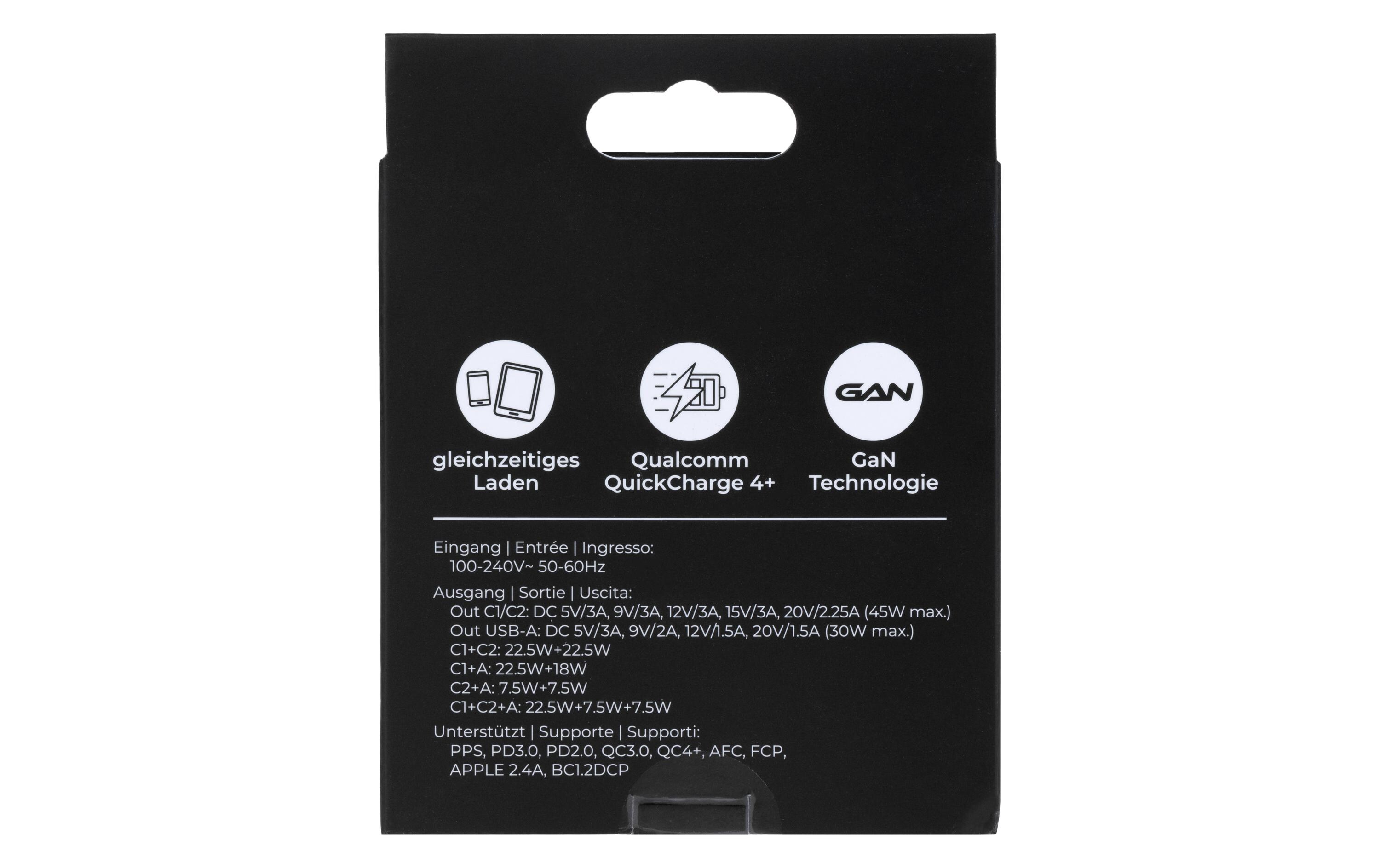 USB-Wandladegerät Trial QC4+ 45 W GaN SchwarzLadeadapter mit zwei USB-C-Ports und einem USB-A-Port