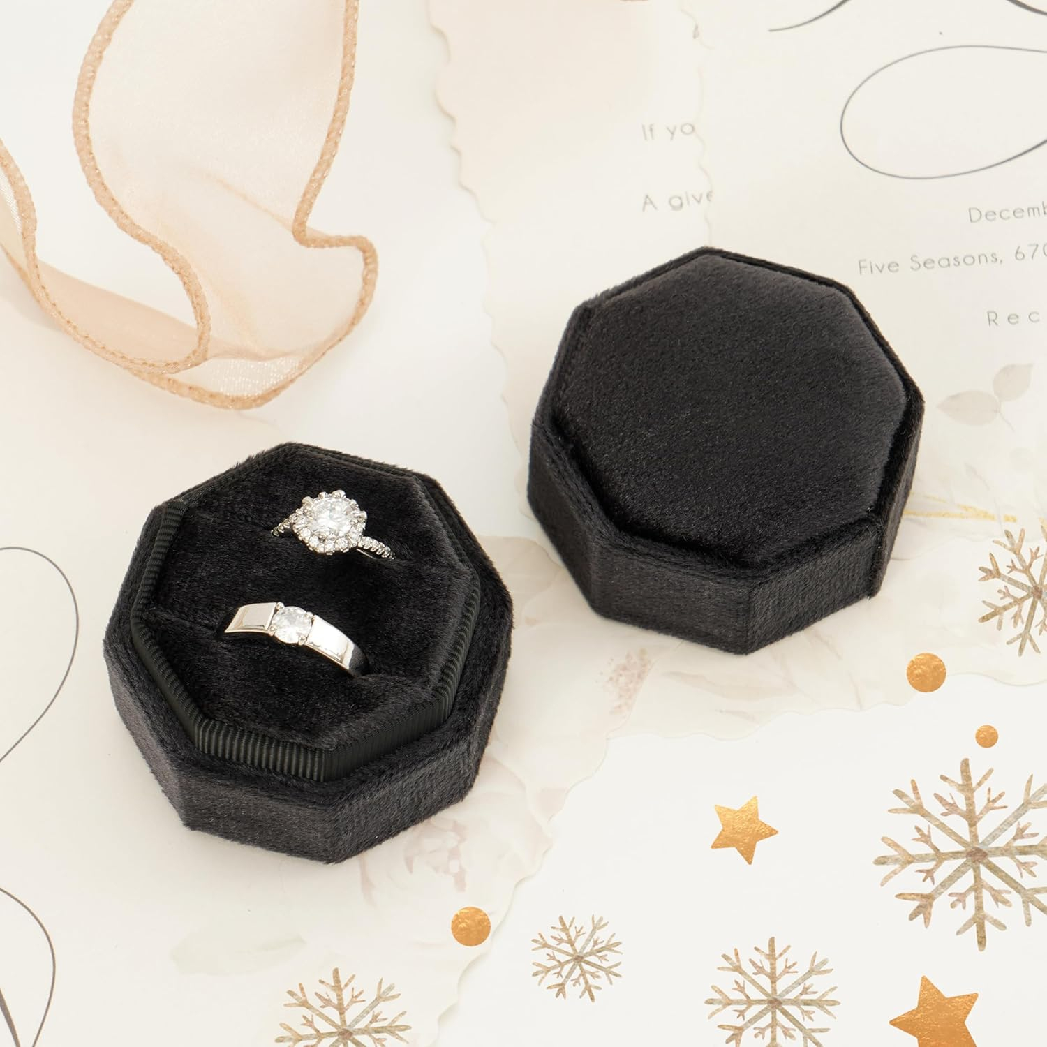 (50mm) Samt Ringschatulle Schmuck Organizer Box für 2 Ringe - Schwarz