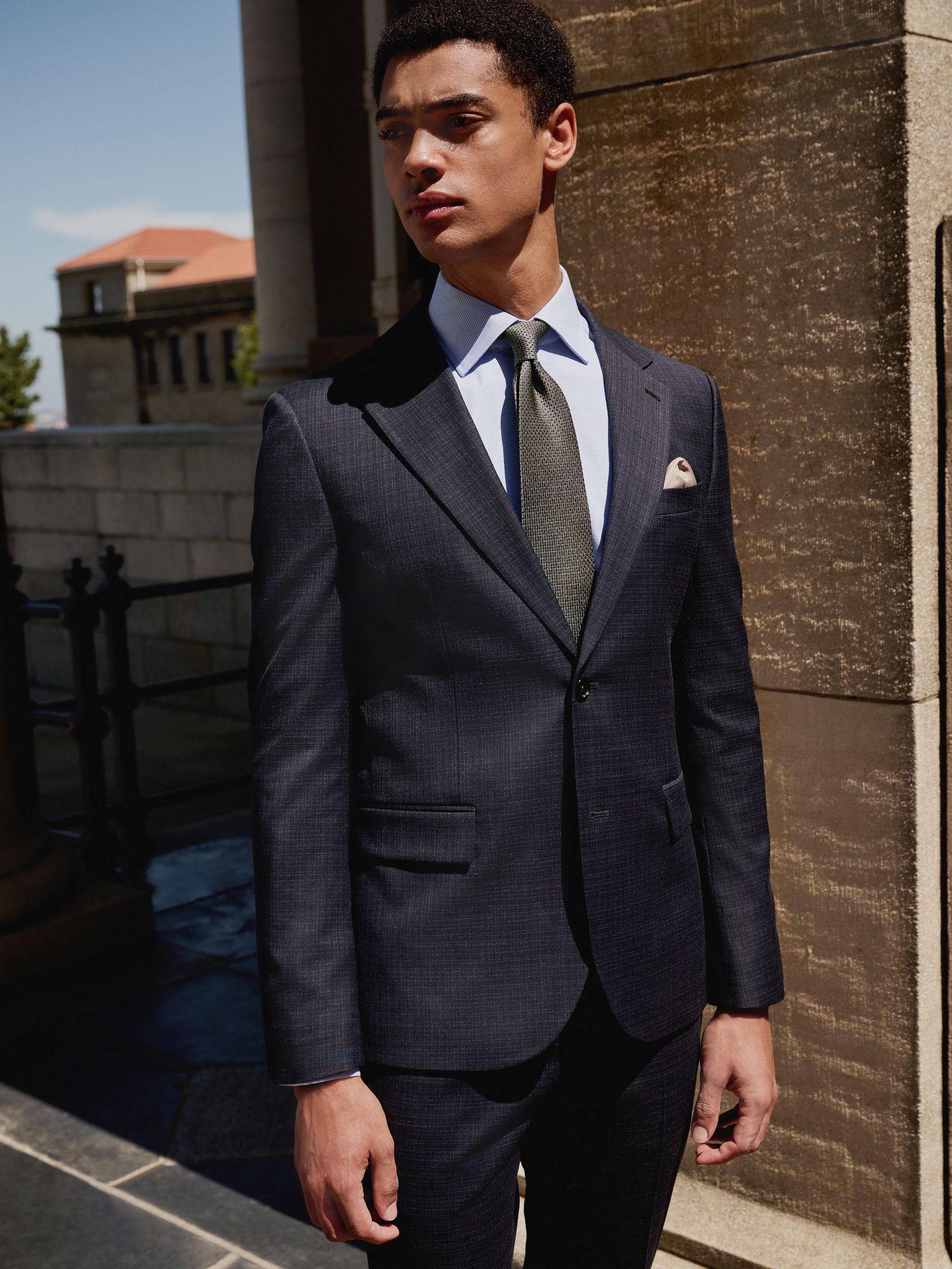 Marineblauw - Skinny Fit Check Texture Suit Jacket