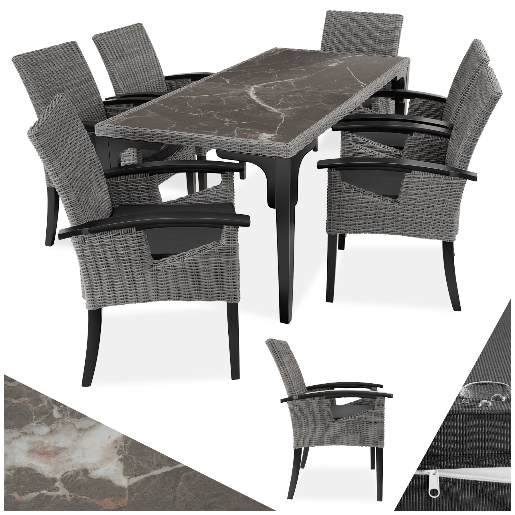 tectake® Rattan Tisch Foggia mit 6 Stühlen Rosarno, mit Holzgestell, wetterfest und UV-beständig, Armlehnen und Beine aus Holz
