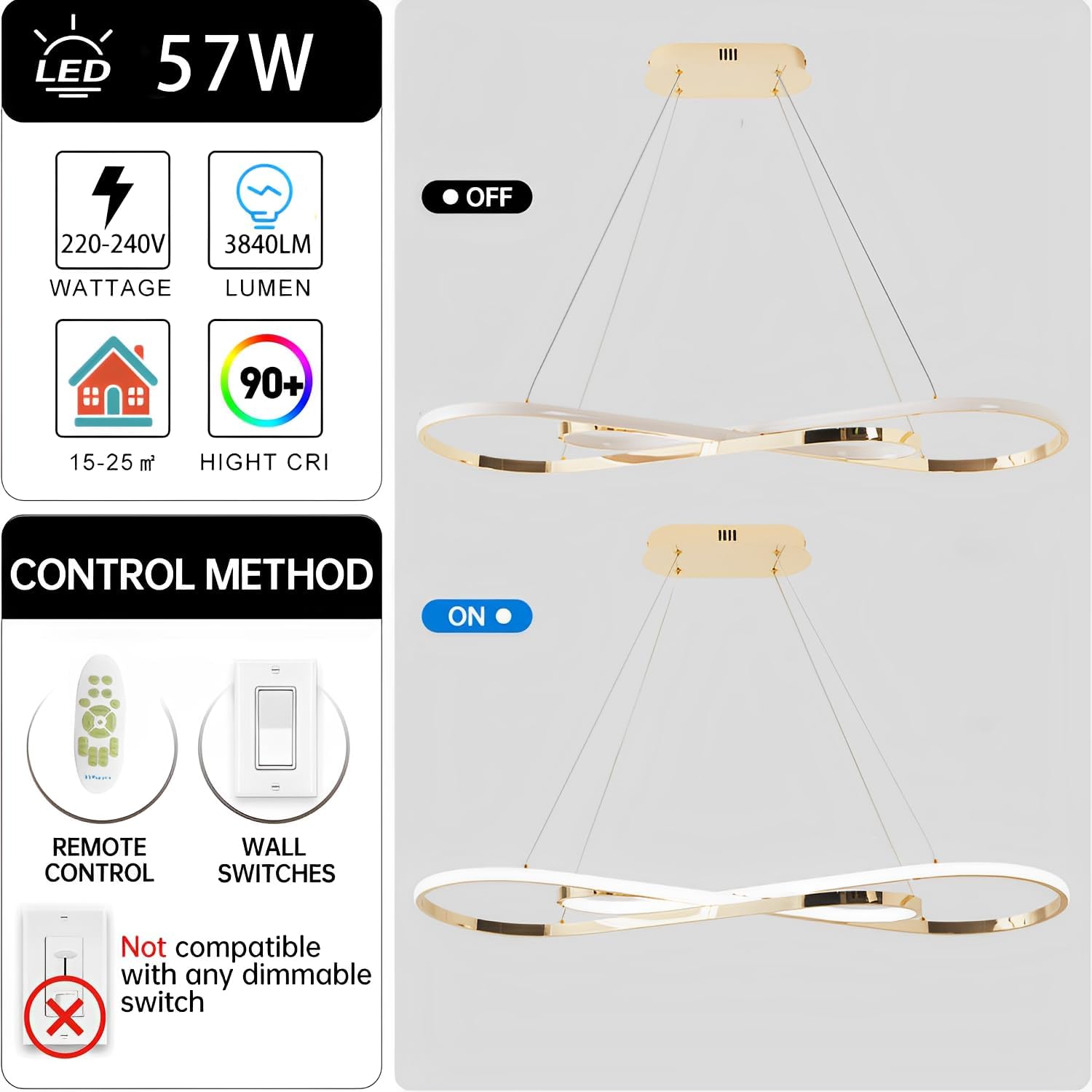 57W Dimmbare LED Pendelleuchte, Doppelfigur 8 Design Hängeleuchte mit Fernbedienung, Pendellampe Hängend Höhenverstellbar, Hängelampe für Wohnzimmer, Esstisch, Esszimmer, Küche, Gold