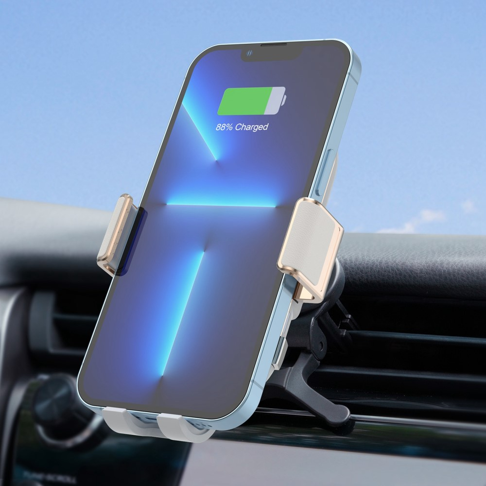 (15W) Universal Qi Wireless Charge Auto KFZ Handy Halterung Ladegerät mit Lederüberzug für Lüftungsgitter   Armaturenbrett - Weiss