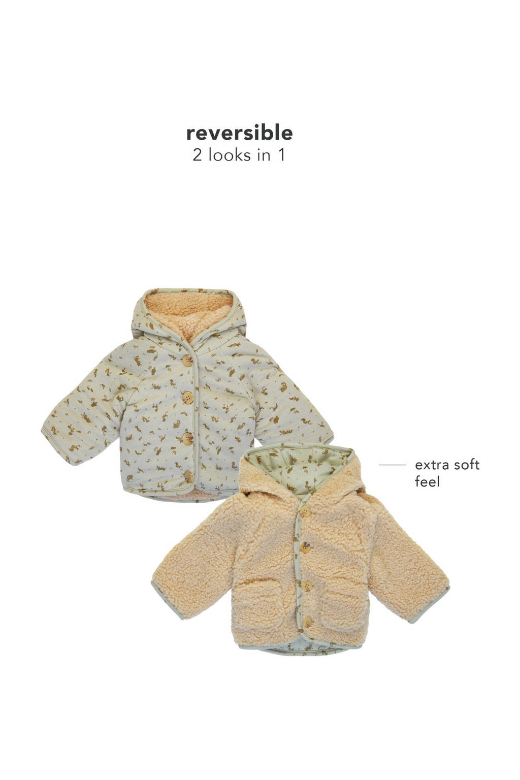 Noppies reversible teddy winterjas met all over print lichtblauw/beige