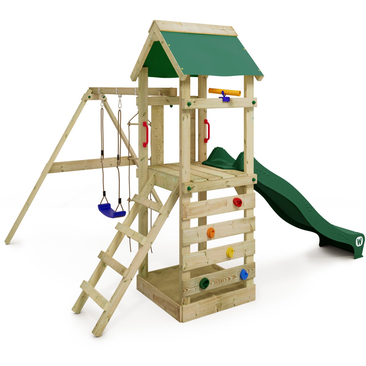 WICKEY FreeFlyer speeltoren klimtoestel met schommel en glijbaan, klimtoren met zandbak, ladder en speeltoebehoren - groen