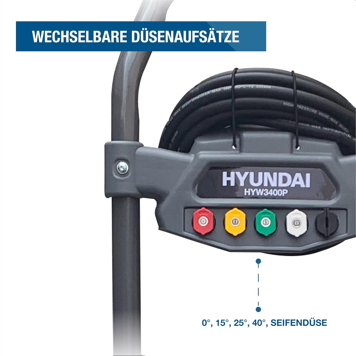 HYUNDAI Benzin-Hochdruckreiniger HYW3400P | max. 234 bar - 540 l/h (9 m³/min) | 3.7 kW / 5.0 PS Benzinmotor | verstärkter 10m Schlauch, 5 Düsenaufsätze | 5 L Reinigungsmitteltank
