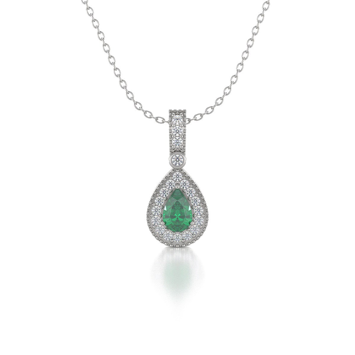 Collier Pendentif ADEN Or 585 Blanc Emeraude et Diamants Chaine Or 585 incluse 1.55grs