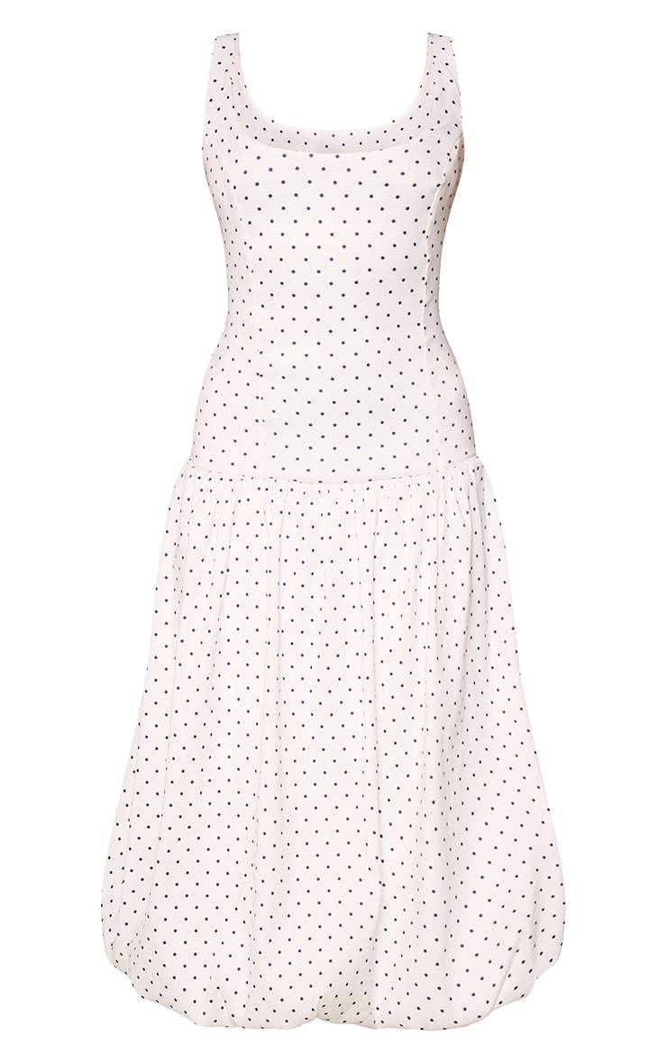 Taupe Robe Midi Tissée Extensible À Taille Basse Et Ourlet Ballon À Pois Blancs