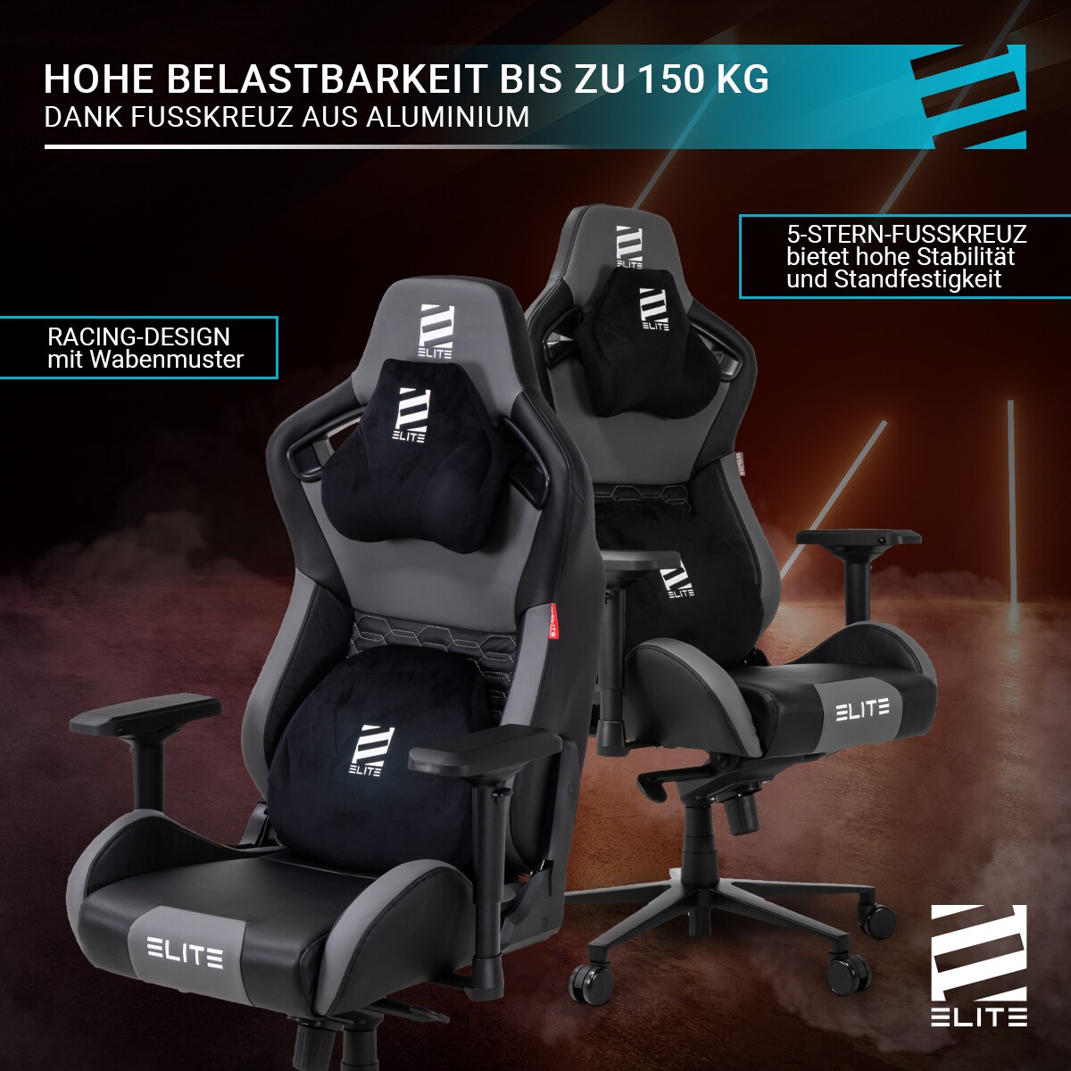 ELITE Gaming-Stuhl MERCENARY groß, ergonomisch mit Premium-Rücken- und Kopf-Nackenkissen, 48-53cm (Weiß/Pink)