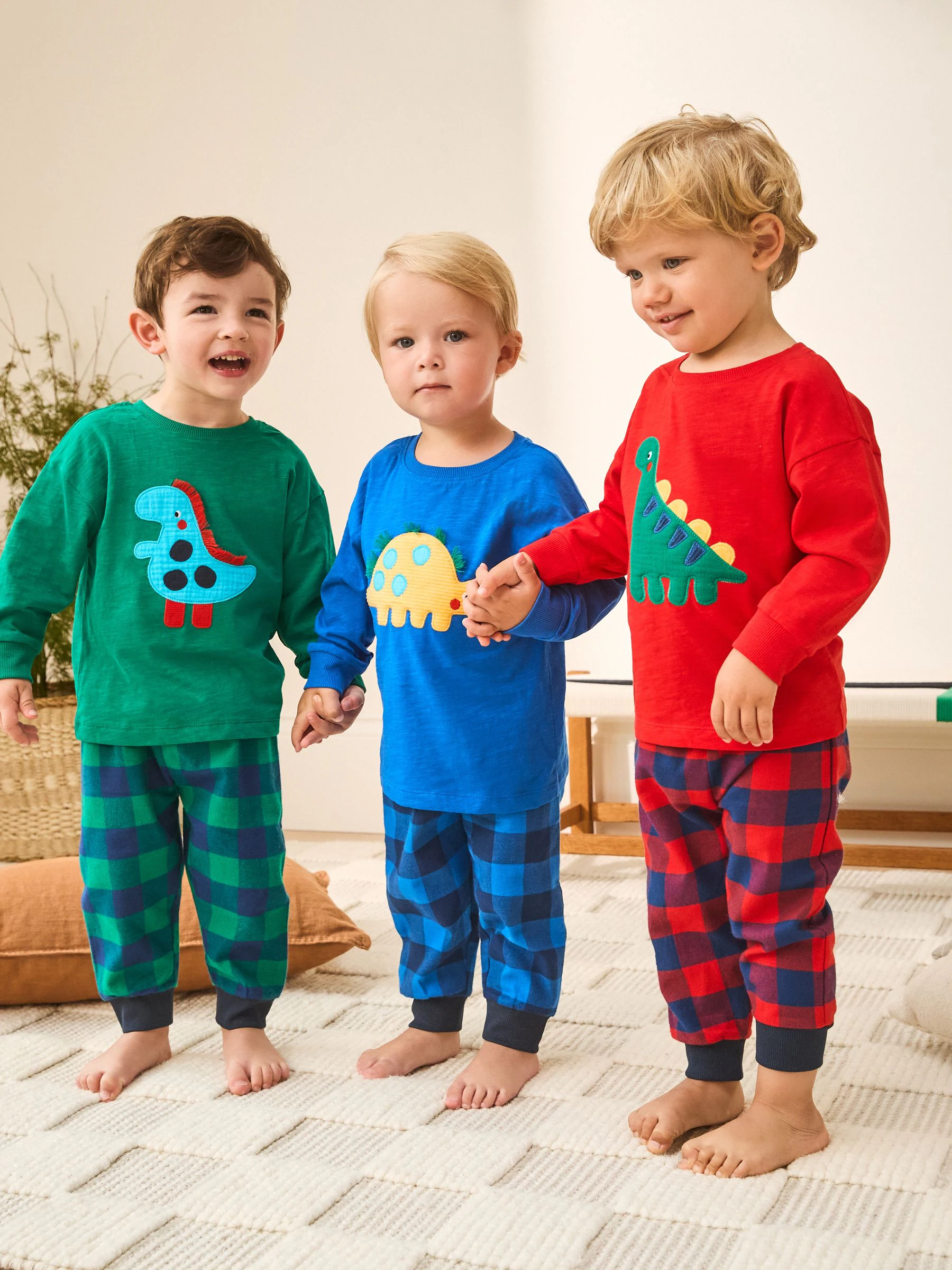 Rood/blauw/groen geruite dinosaurus - Pyjama met geweven onderkant 3 Pack (9mths-12yrs)