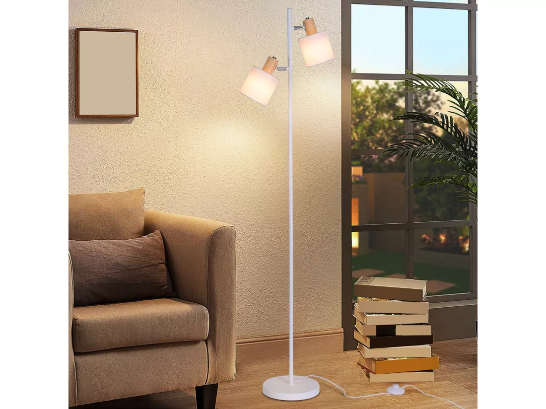 NETTLIFE Lampadaire salon 2 ampoules E14 abat-jour tissu blanc vintage 145cm lampadaire