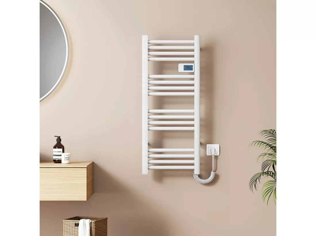EMKE Sèche-Serviettes Électrique 960 x 400 mm, Porte-serviettes de salle de bain électrique avec interrupteur tactile et minuterie, Blanc, 300W